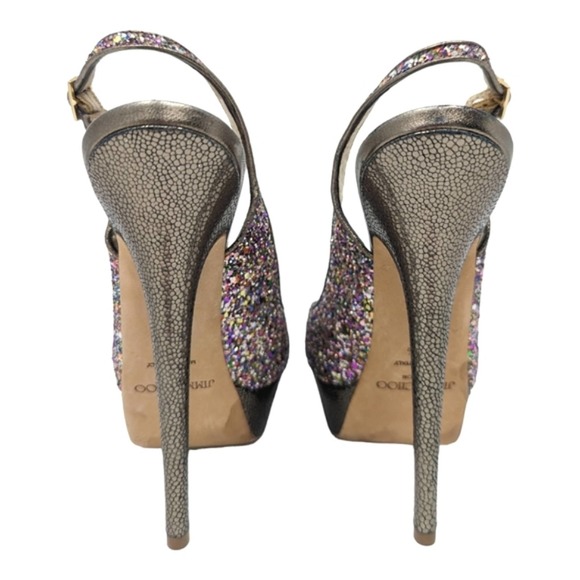 Jimmy Choo Multicolor Glitter Vibe Leather Peep Toe Platform Pumps 37.5 - Picture 6 of 11